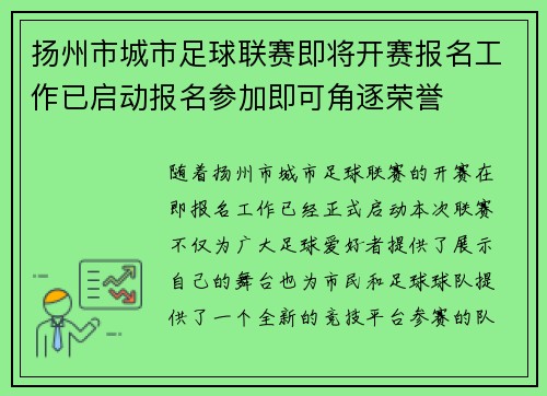 扬州市城市足球联赛即将开赛报名工作已启动报名参加即可角逐荣誉